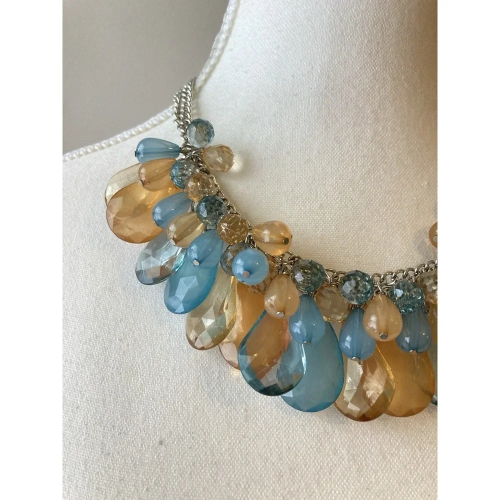 Colorful Acrylic Teardrop Necklace Blue‎ Orange Beaded Bib Collar Romantic